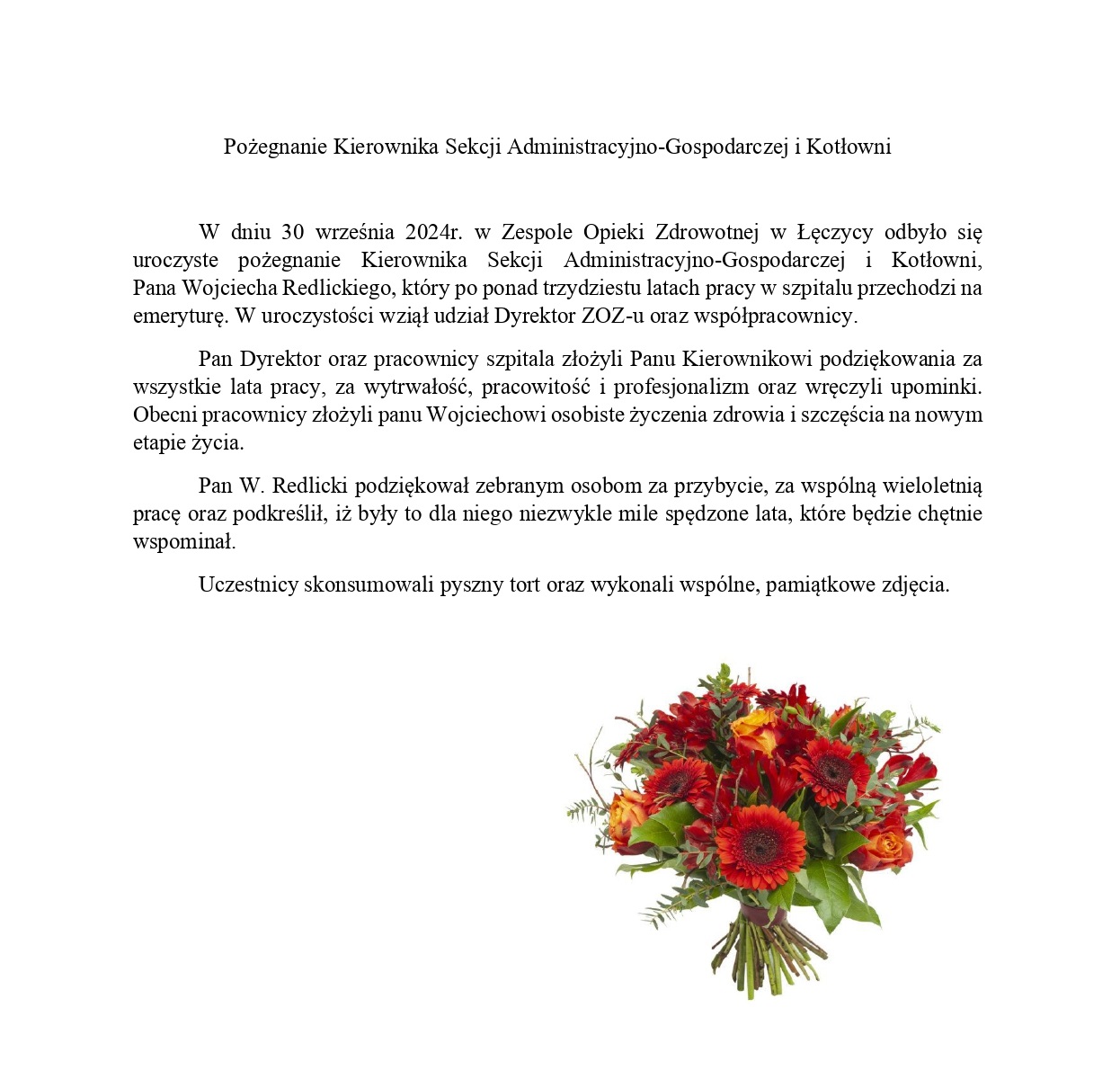 Informacja Pożegnanie Kierownika Sekcji Administracyjno-Gospodarczej i&nbsp;Kotłowni